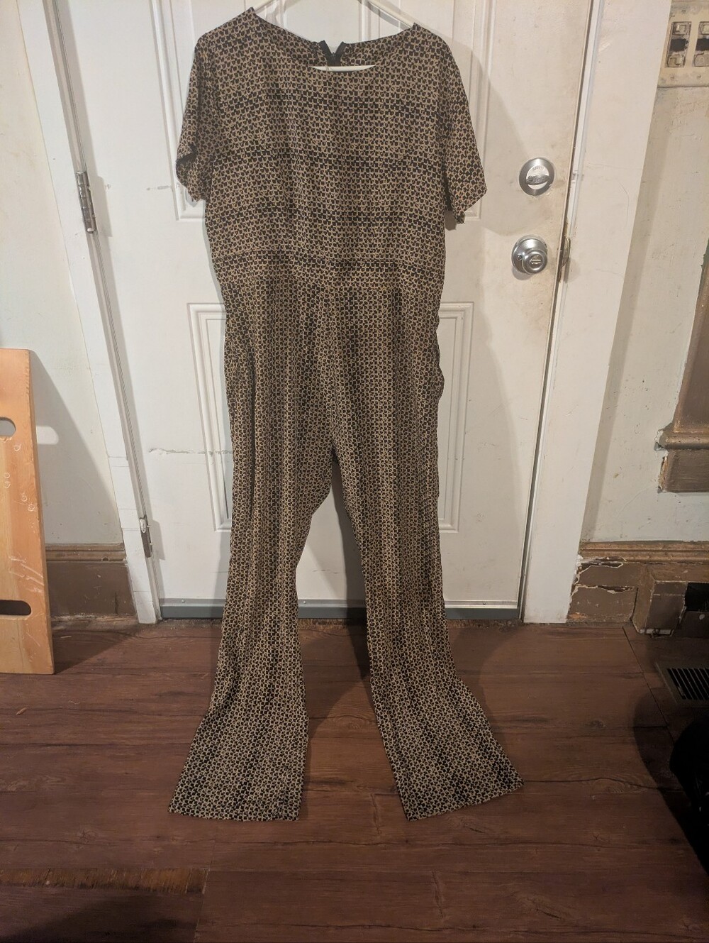 Women’s Brown Black Geometric Print Jumpsuit Flare Bell Bottom Long